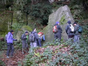 Picture of bryologists with Ardingly Sandstone rock